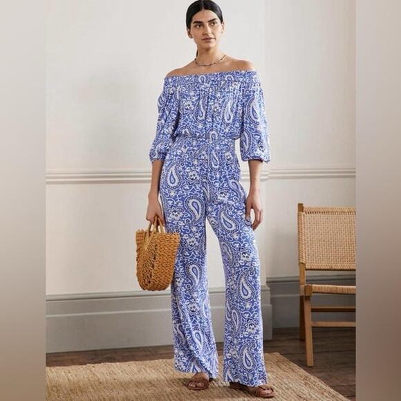 Boden Paisley Blue Off Shoulder Jumpsuit Stretch Waist Lightweight Size 12R NEW - Picture 1 of 8